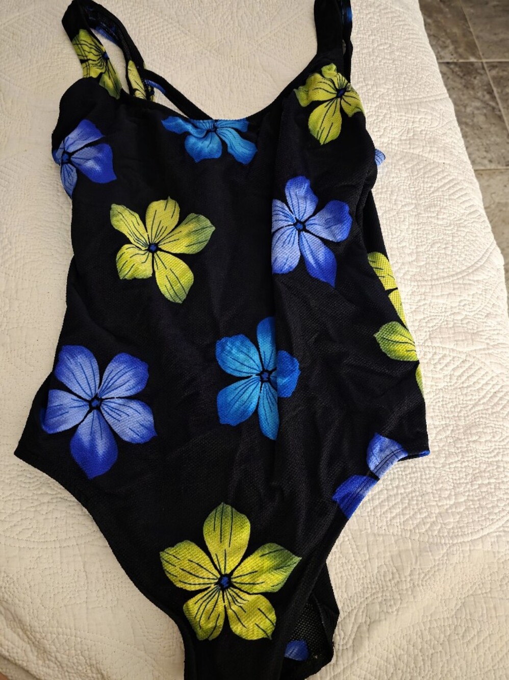 Black Floral One-Piece Swimsuit with Blue & Yellow Flowers